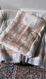 Load image into Gallery viewer, white chikankari set folded, worked panel on top