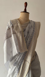 Grey chanderi cotton saree draped on the mannequin