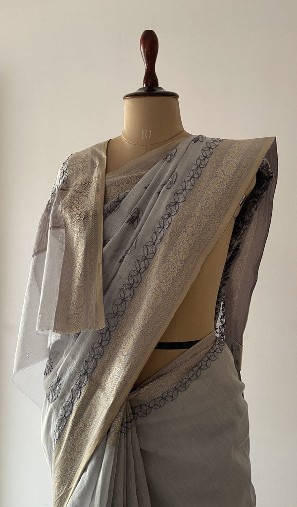 Zaira — Grey Chanderi Cotton Chikankari Saree
