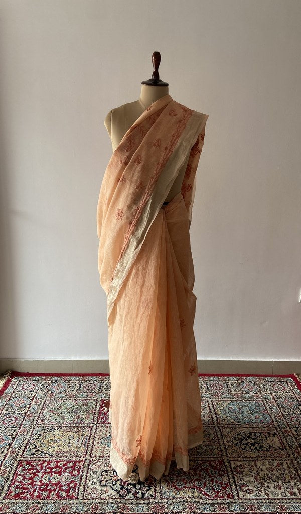 Peach chanderi cotton saree draped on the mannequin