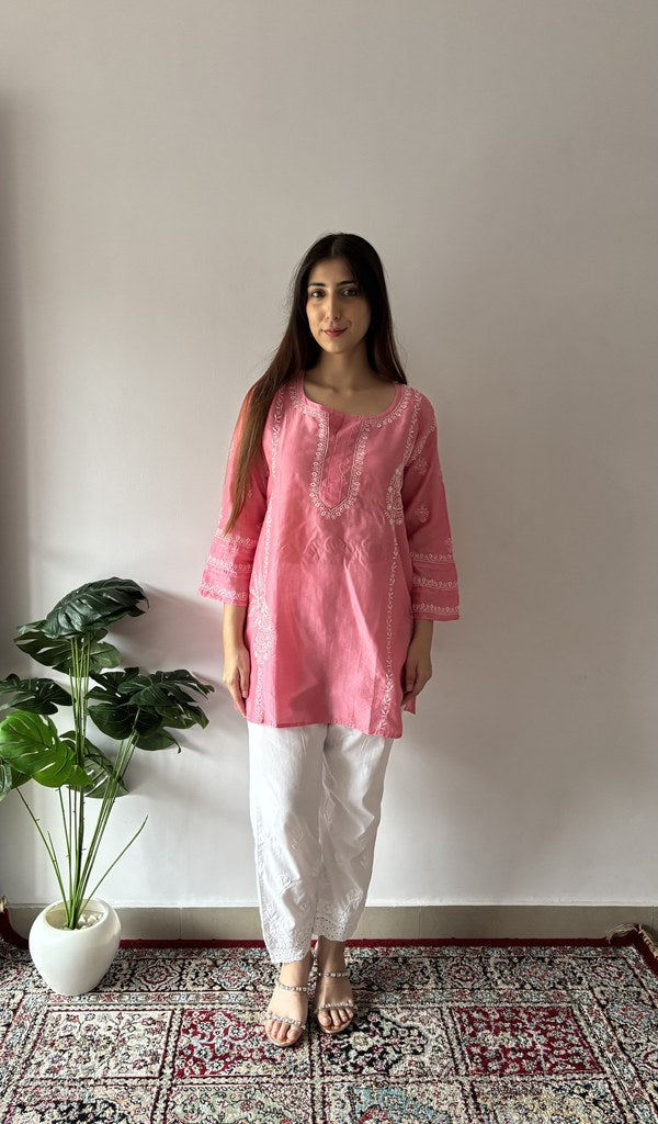 Aanika — Pink Chanderi Silk Chikankari Stitched Short Kurti