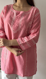Aanika — Pink Chanderi Silk Chikankari Stitched Short Kurti — detail 12
