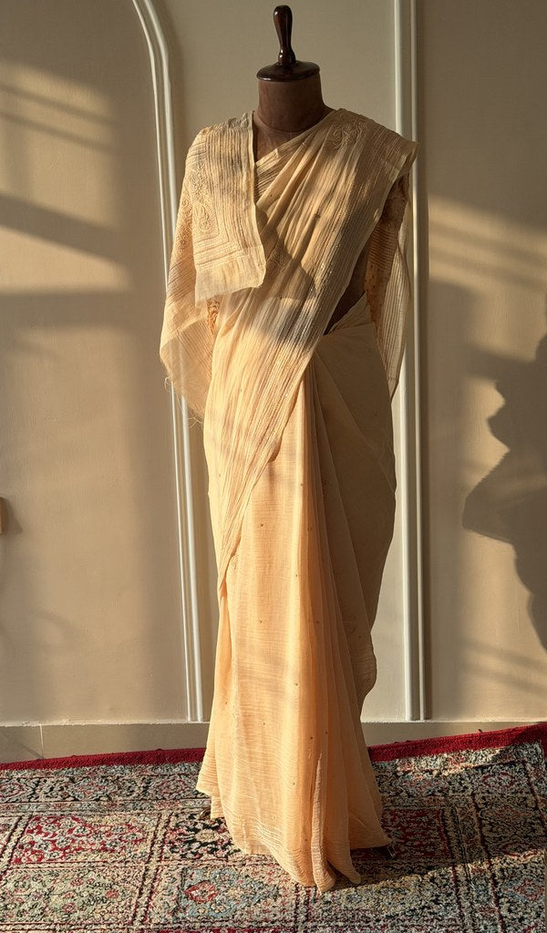 Golden Beige Pure Mul Chanderi Chikankari Saree