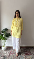 Aiza — Yellow Pure Mul Chanderi Chikankari Stitched Short Kurti