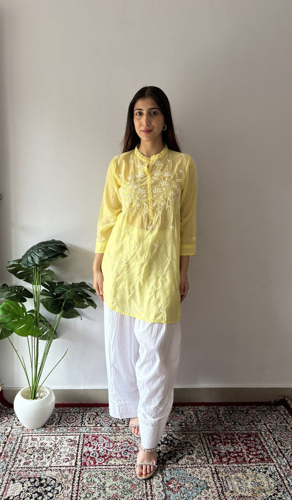 Aiza — Yellow Pure Mul Chanderi Chikankari Stitched Short Kurti