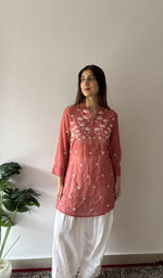 Rust pure mul chanderi, front of the kurta