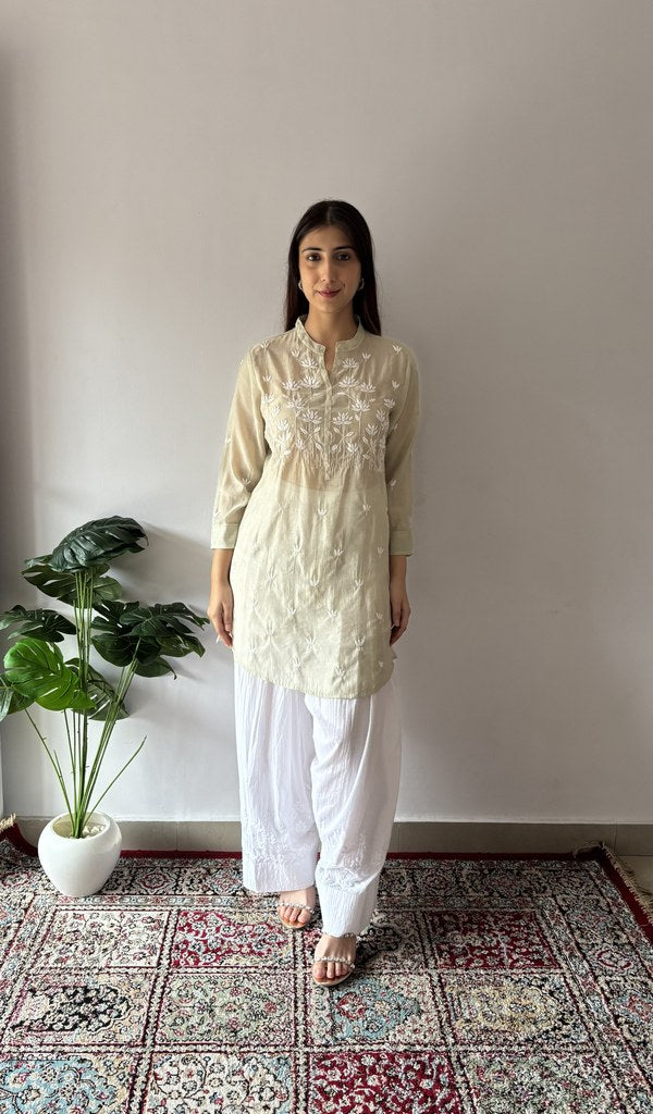 Aiza — Beige Pure Mul Chanderi Chikankari Stitched Short Kurti