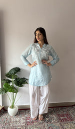 Blue pure mul chanderi, front of the kurta