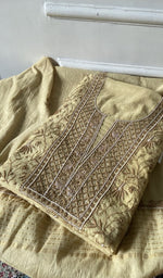 Load image into Gallery viewer, Beige pure mul chanderi kurta piece folded, fine chikankari in view