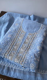 Load image into Gallery viewer, Cornflower Blue pure mul chanderi kurta piece folded, fine chikankari in view