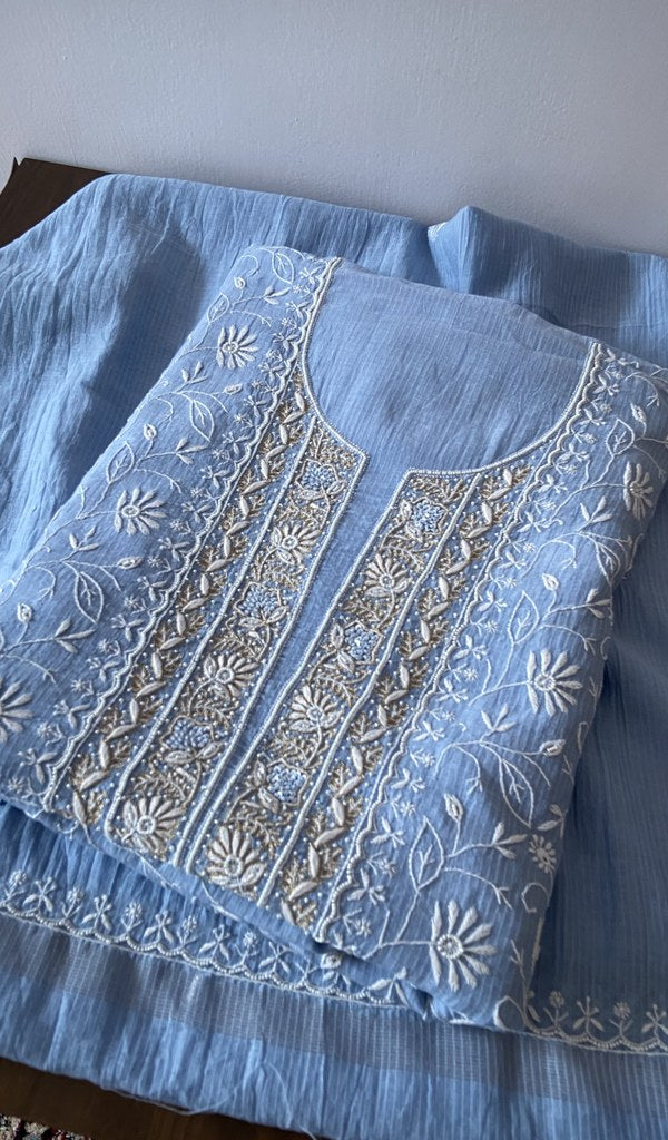 Maha — Cornflower Blue Pure Maheshwari Mul Chanderi Chikankari 2 Pc Unstitched Suit Set