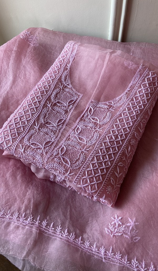 Folded mauve pink organza silk kurta, front view