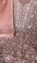 Extremely fine do taar jaaldar chikankari on the dusty pink organza silk