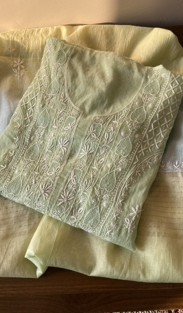 Folded sage green mul chanderi kurta, front view