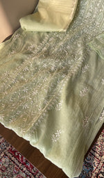 Sage green mul chanderi kurta, close view of the embroidery