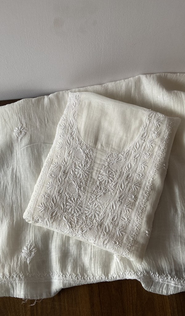 Nushrat — White Pure Mul Chanderi Chikankari 2 Pc Unstitched Suit Set — Jaali Gala