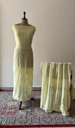 Yellow pure mul chanderi chikankari suit set on the mannequin with its dupatta