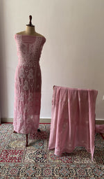 Pink pure mul chanderi chikankari suit set on the mannequin with its dupatta