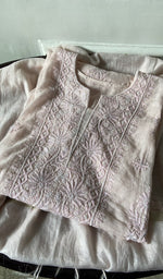 pink pure mul chanderi kurta piece folded, fine chikankari with beads cutdana and sequins