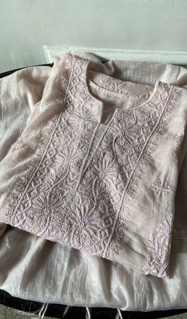 pink pure mul chanderi kurta piece folded, fine chikankari with beads cutdana and sequins