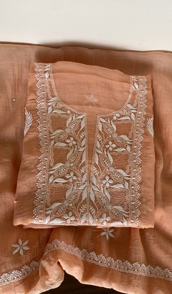 Peach mul chanderi kurta piece folded, gala work in front
