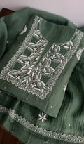 Mahveen M — Bottle Green Pure Mul Chanderi Chikankari 2 Pc Unstitched Suit Set