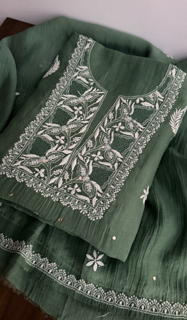 Mahveen M — Bottle Green Pure Mul Chanderi Chikankari 2 Pc Unstitched Suit Set