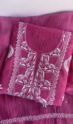 Rani pink mul chanderi kurta piece folded, gala work in front