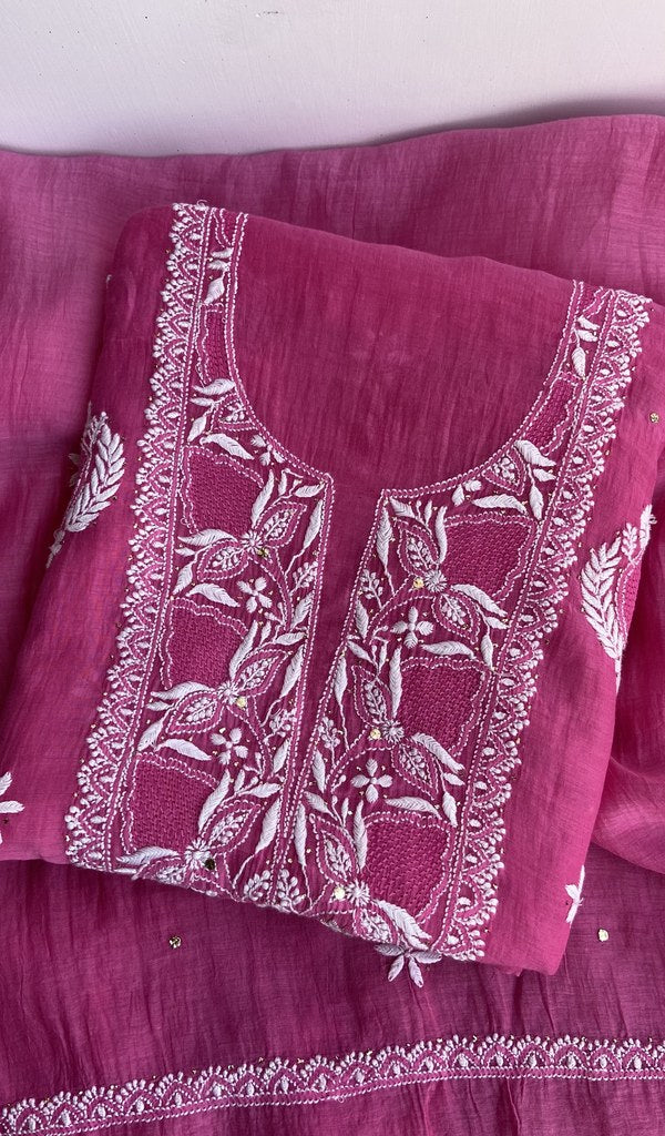 Mahveen M — Rani Pink Pure Mul Chanderi Chikankari 2 Pc Unstitched Suit Set