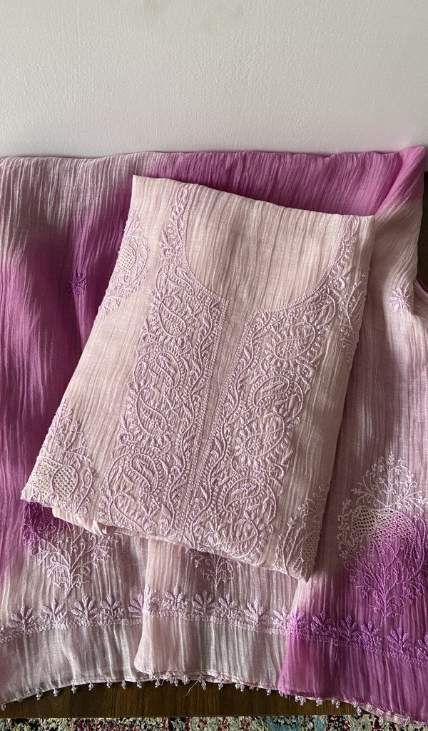 Pink pure mul chanderi kurta piece folded, fine chikankari with elephant motifs and haath ki jaali