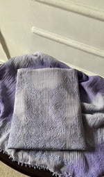 Purple pure mul chanderi kurta piece folded, fine chikankari with elephant motifs and haath ki jaali