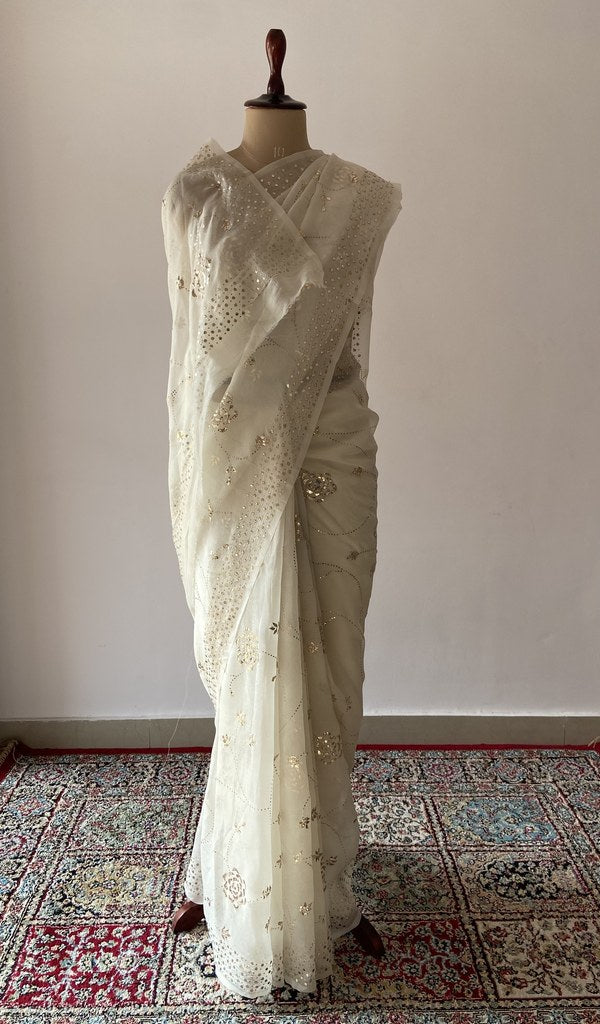 Off White Pure Organza Silk Chikankari Saree — Rose Jaal