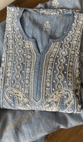 Iffah — Blue Pure Mul Chanderi Chikankari 3 Pc Semi-Stitched Anarkali Suit Set