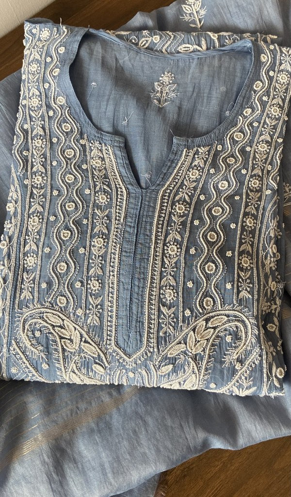 Iffah — Blue Pure Mul Chanderi Chikankari 3 Pc Semi-Stitched Anarkali Suit Set