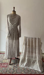 Grey pure mul chanderi chikankari suit set on the mannequin with its dupatta