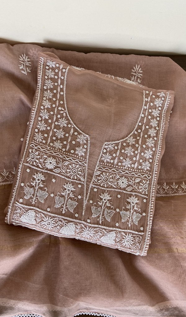 Dusty rose mul chanderi kurta piece folded, gala work in front