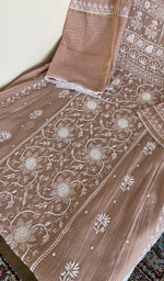 Kurta laid flat with the dupatta, fine front and back jaaldar chikankari anarkali