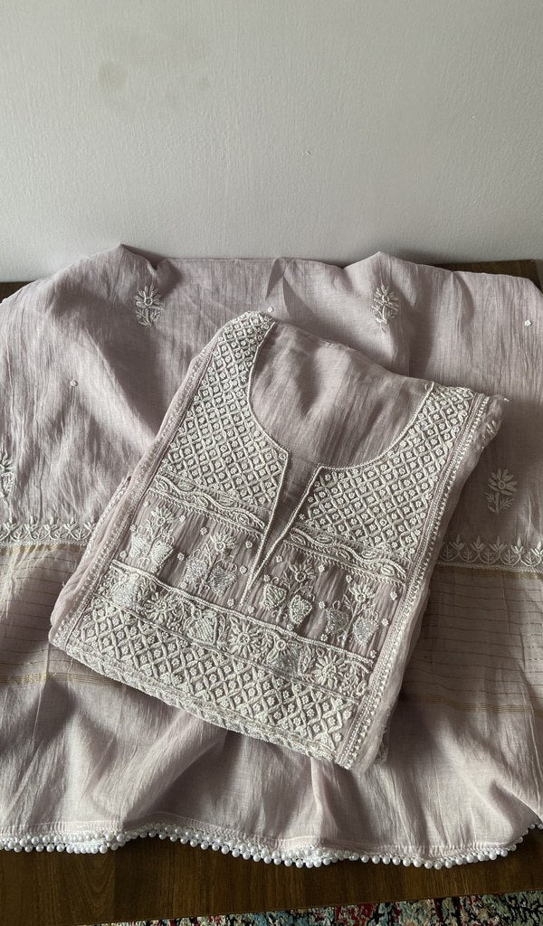 Iffah — Grey Pure Mul Chanderi Chikankari 3 Pc Semi-Stitched Anarkali Suit Set