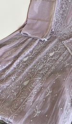 Kurta laid flat with the dupatta, fine front and back jaaldar chikankari anarkali