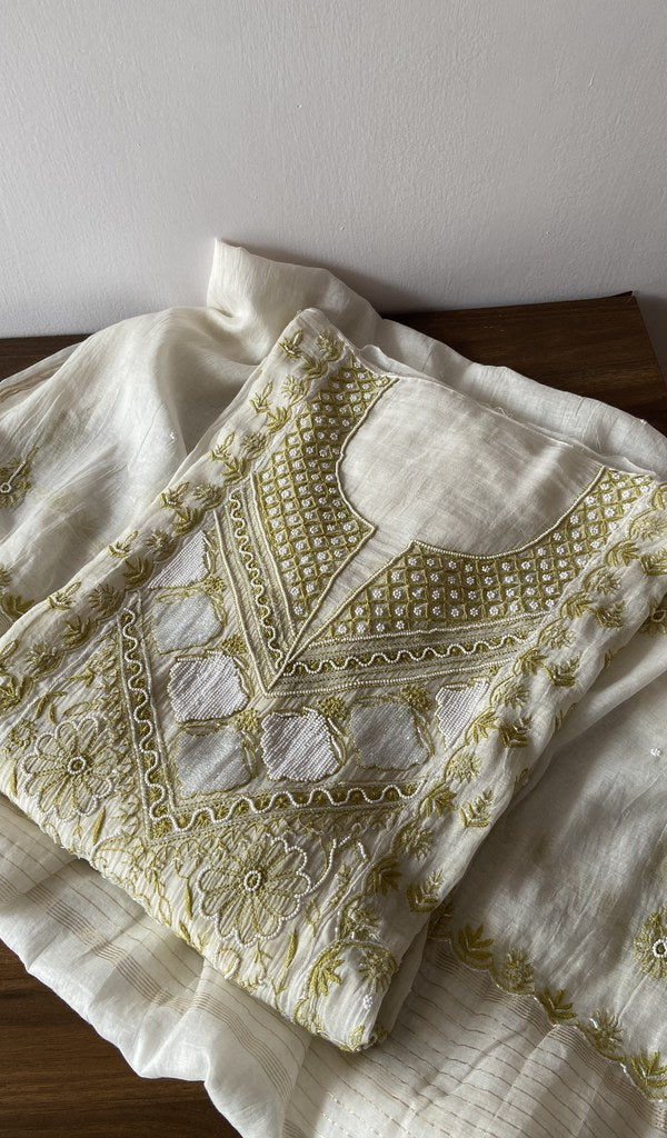 White pure mul chanderi kurta piece folded, fine front and back jaaldar chikankari anarkali