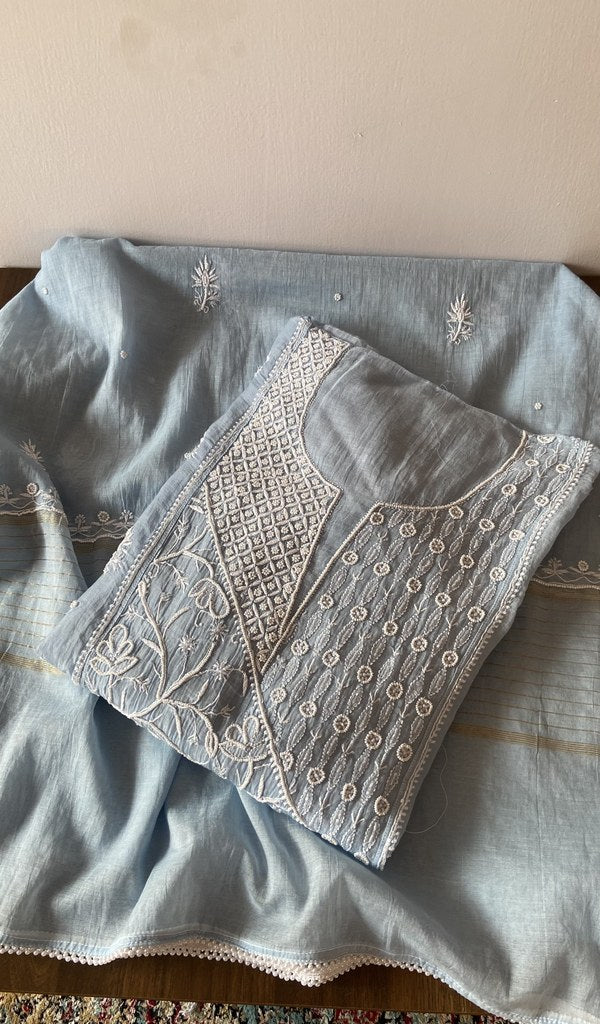 Iffah — Blue Pure Mul Chanderi Chikankari 3 Pc Semi-Stitched Anarkali Suit Set
