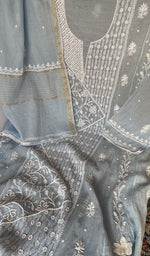 Sleeve work on blue pure mul chanderi