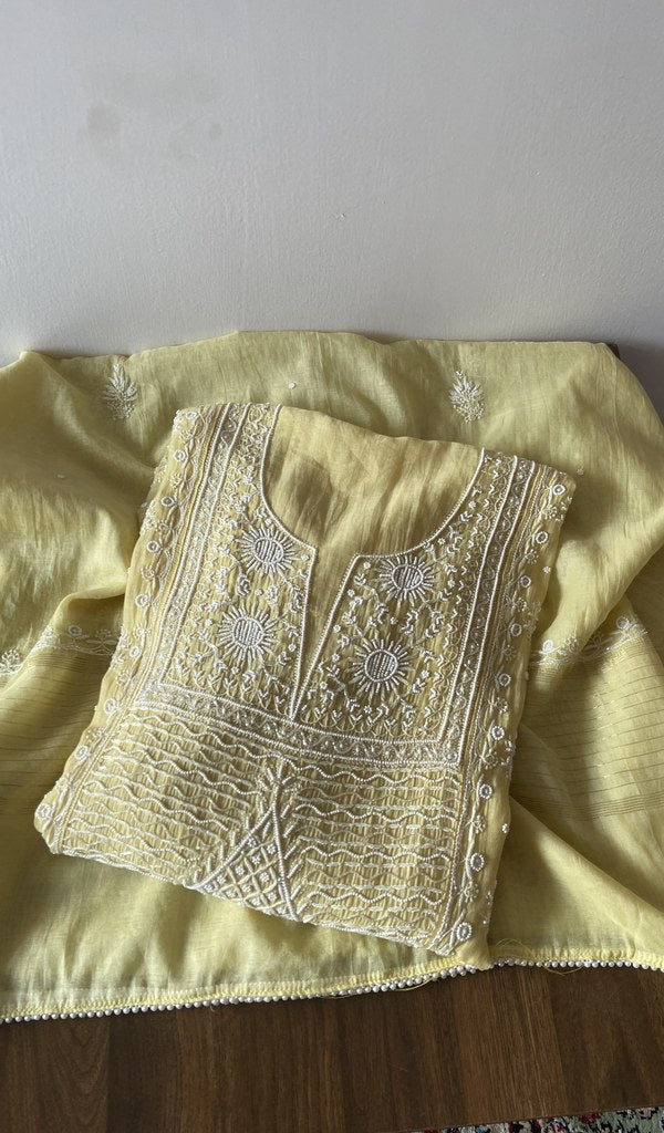 Izza — Yellow Pure Mul Chanderi Chikankari 3 Pc Semi-Stitched Anarkali Suit Set