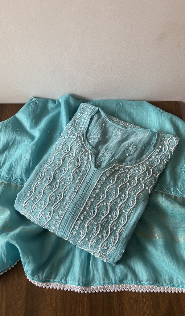 Izza — Turquoise Pure Mul Chanderi Chikankari 3 Pc Semi-Stitched Anarkali Suit Set