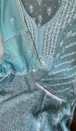 Sleeve work on turquoise pure mul chanderi