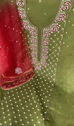 Sleeve work on green pure organza silk
