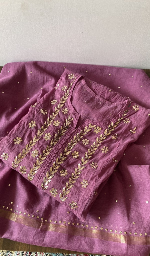 Folded wine pure mul chanderi kurta piece with chikankari on the panel