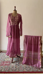 Wine pure mul chanderi chikankari suit set on the mannequin with its dupatta
