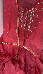 Sleeve work on red pure mul chanderi