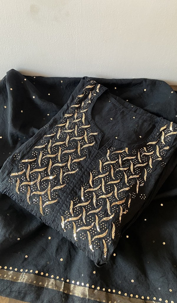 Saira — Black Pure Mul Chanderi Chikankari 2 Pc Semi-Stitched Suit Set